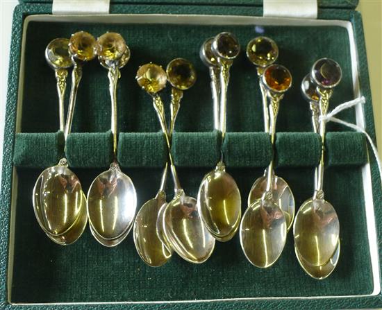 Set of 12 Scottish silver coffee spoons, with tinted glass terminals (Edinburgh 1972) & 6 earlier spoons, all by Robert Allison